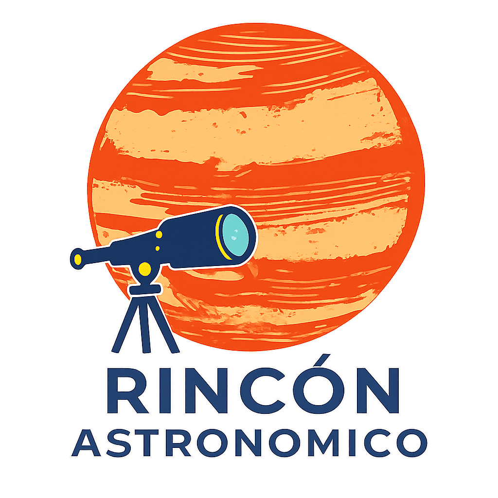 Logotipo del sitio web "El rincón astronómico" representado con el planeta Júpiter y un telescopio.